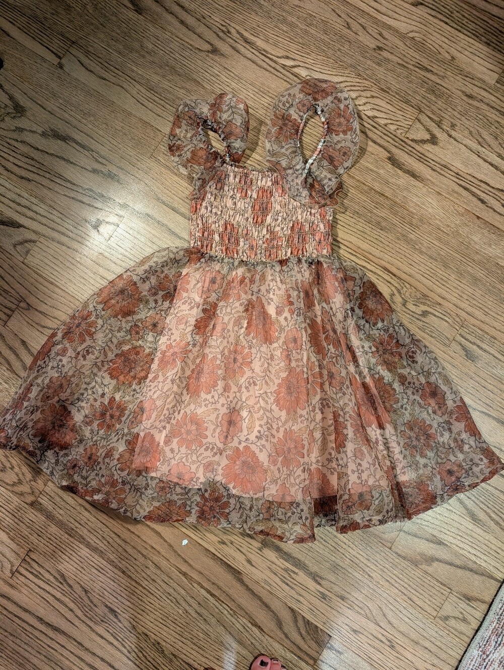 Noralee Floral Sheer Smocked Sundress in Dusty Peach Rust and Brown Size 8